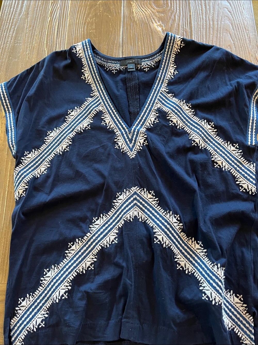 J. Crew Navy V-Neck Embroidered Top with White and Light Blue Trim